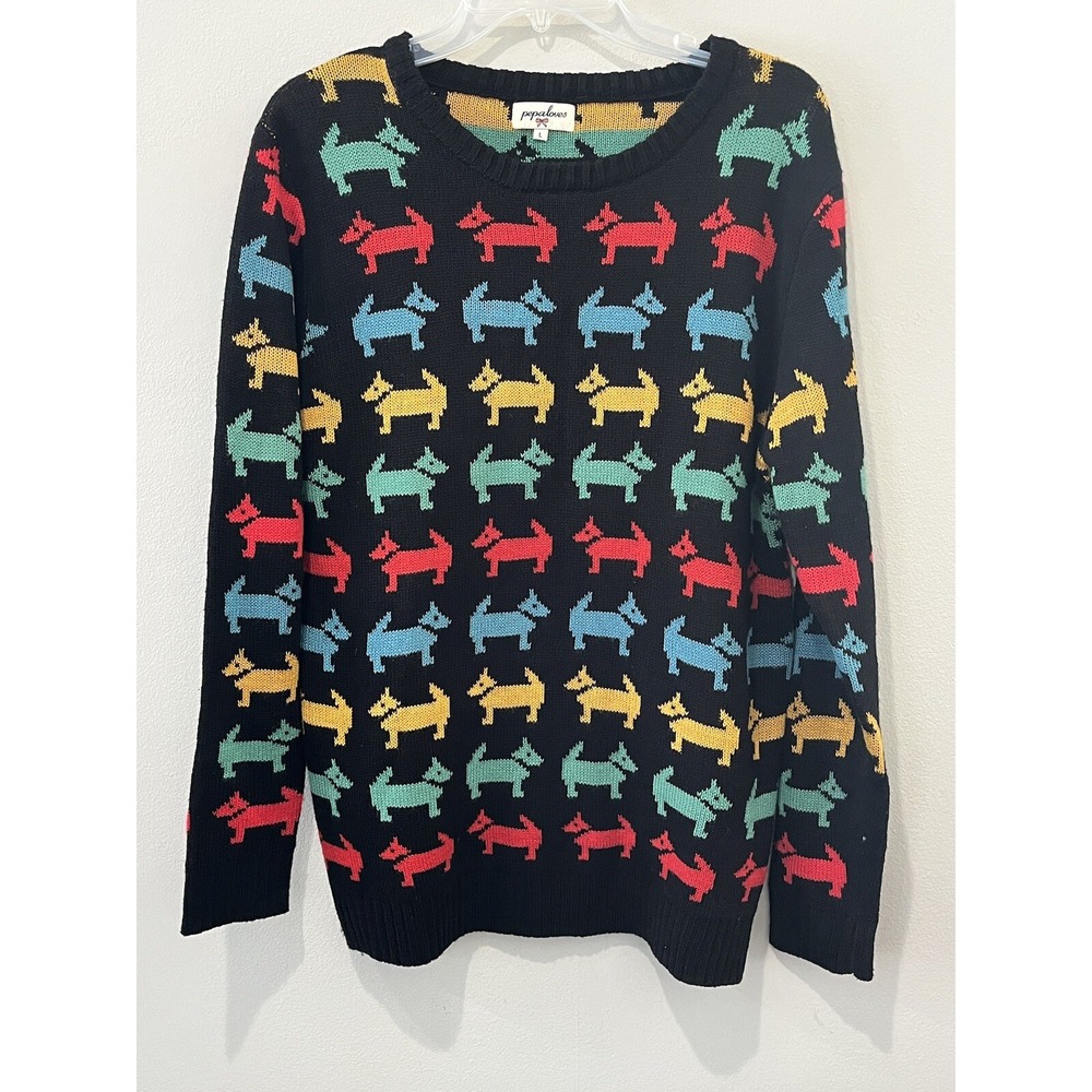 Pepaloves Sweater Women's Large Black Rainbow Dogs Crewneck Novelty Long Sleeve‎